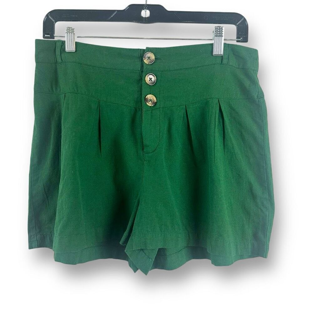 Me To We Women's M High Waist Button‎ Fly Trouser Shorts Kelly Green Linen Blend